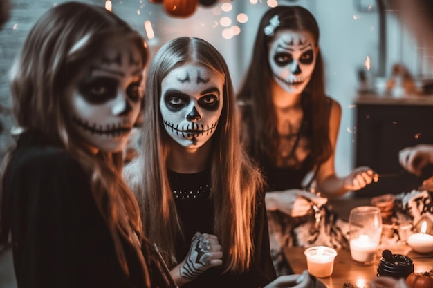 Przyjaciele nastolatków w kostiumach świętujących i bawiących się na imprezie z okazji halloween Ludzie na halloween