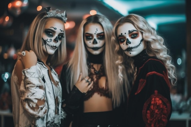 Przyjaciele nastolatków w kostiumach świętujących i bawiących się na imprezie z okazji halloween Ludzie na halloween