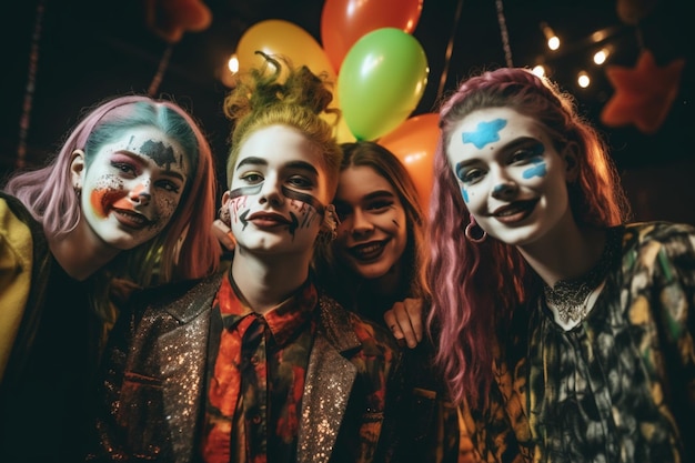 Zdjęcie przyjaciele nastolatków w kostiumach świętujących i bawiących się na imprezie z okazji halloween ludzie na halloween