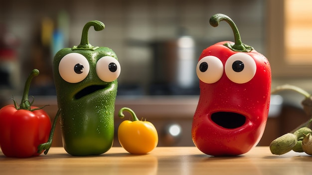 Przyjaciele Pepper rozmawiają o warzywach w kuchni w stylu Pixar