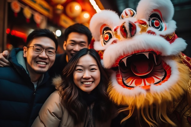 Przyjaciele robią selfie na Chiński Nowy Rok Smoka