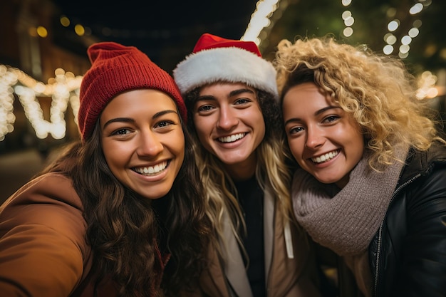 Przyjaciele robiący sobie selfie w czasie świąt Bożego Narodzenia Wygenerowano sztuczną inteligencję