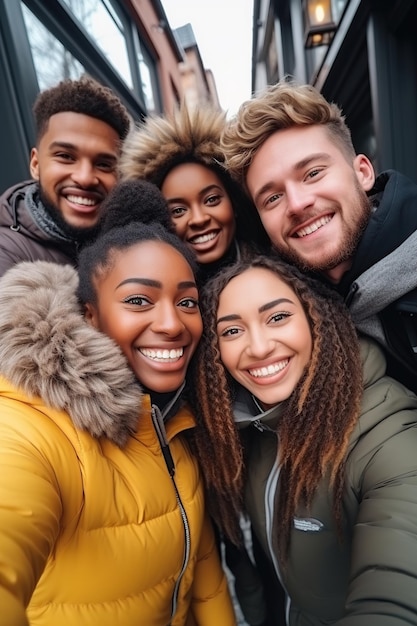 Przyjaciele robiący sobie selfie zimą Wygenerowano sztuczną inteligencję