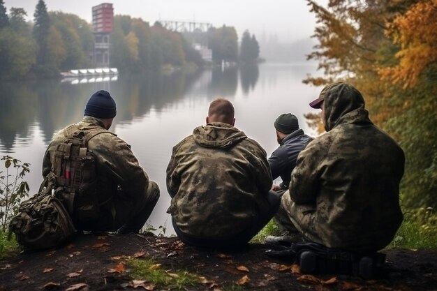 Zdjęcie przyjaciele stoją przy rzece i łowią ryby.