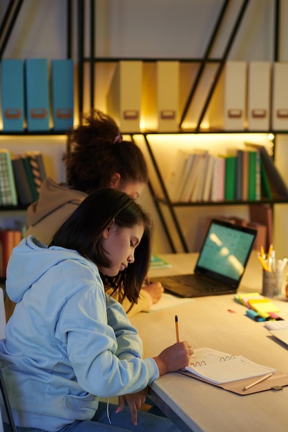 Przyjaciele studiujący w szkolnej bibliotece