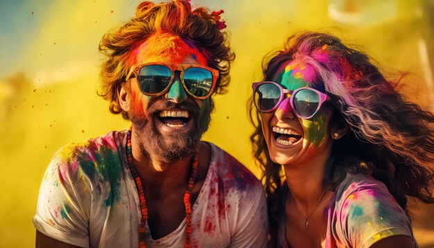 Przyjaciele świętują Festiwal Kolorów, szczęśliwa indyjska koncepcja holi