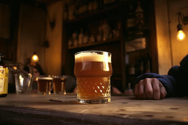 Przyjaciele toastują w przytulnym barze błyszczącym bursztynowym piwem generatywnym IA