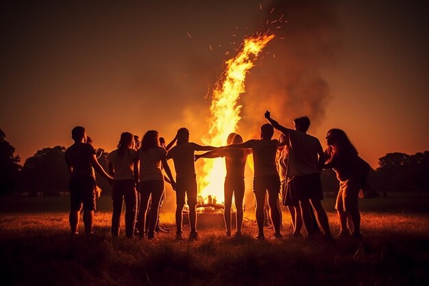 Zdjęcie przyjaciele tworzą ludzki łańcuch wokół ognia.