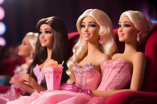 przyjaciele ubrani jak barbie w kinie oglądający film o barbie