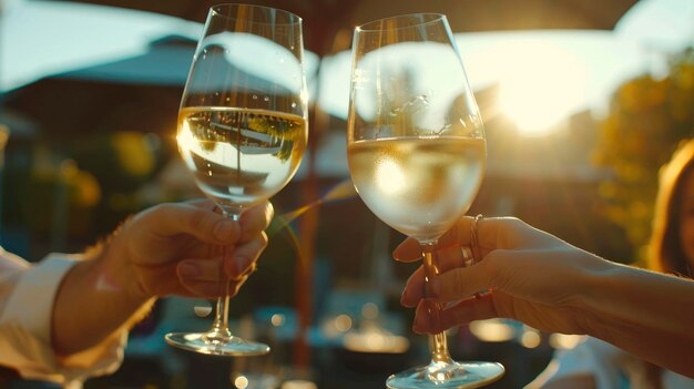 Przyjaciele wypijają kieliszki z winem i bawią się na tarasie restauracji.