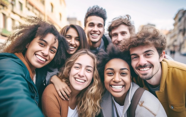 Przyjaciele z różnych kultur robią sobie selfie na świeżym powietrzu