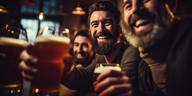 Przyjaciele z uśmiechami na twarzach radośnie rozkoszują się rzemieślniczym piwem wypełniając wieczór ciepłymi rozmowami i śmiechem