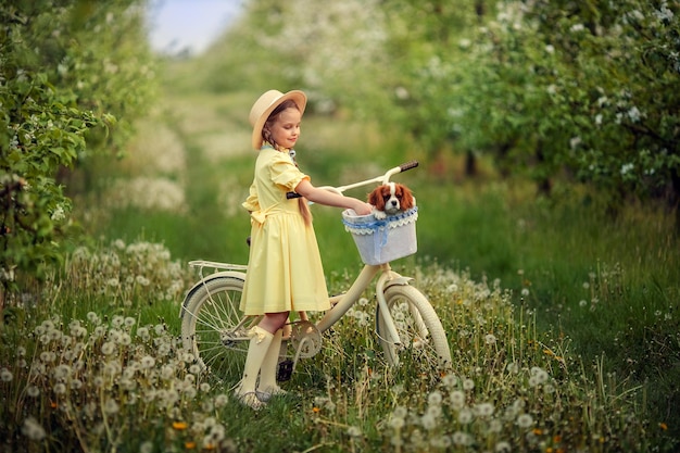 Przyjaźń dzieci i zwierząt urocza dziewczynka i mały szczeniak cavalier jeżdżą wiosną na rowerze w kwitnącym ogrodzie