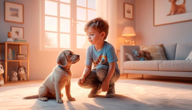 Przyjaźń między człowiekiem a psem Słodki chłopiec ze swoim przyjacielem szczeniakiem