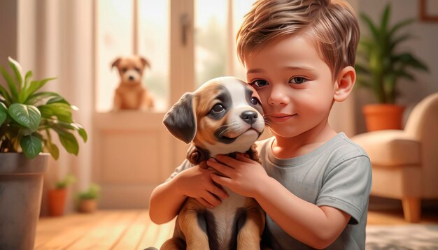 Przyjaźń między człowiekiem a psem Słodki chłopiec ze swoim przyjacielem szczeniakiem