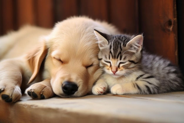 Przyjaźń śpiącego psa i kociaka