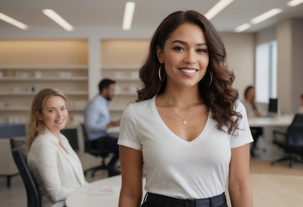 Przyjazna i przystępna kobieta w białym topie rozmawiająca z kolegami w nowoczesnym biurze