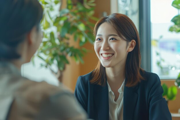 Przyjazna japońska bizneswoman przeprowadza rozmowę kwalifikacyjną z uśmiechem na twarzy