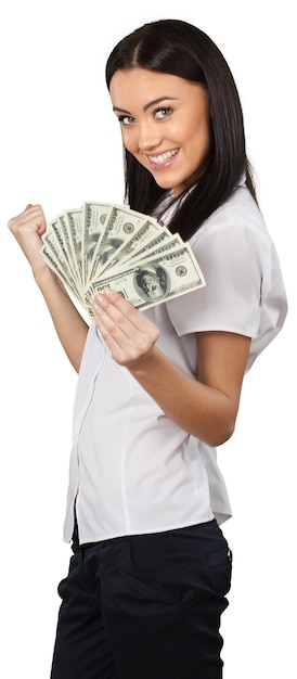Przyjazna kobieta trzymająca wachlarza dolara i świętująca - na białym tle