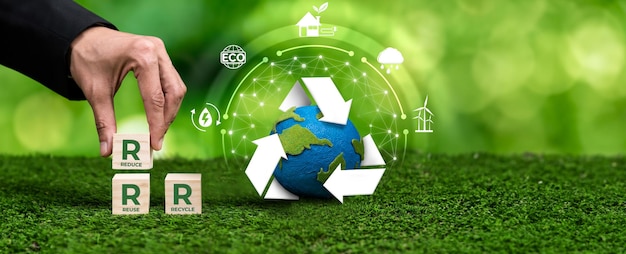 Przyjazne środowisku zielone przedsiębiorstwa biznesowe zobowiązują się do praktyk RRR dla zrównoważonego rozwoju środowiska z czystym i recyklingowanym zarządzaniem odpadami dla ochrony środowiska Panorama Reliance