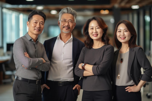 Przyjaźni azjatyccy współpracownicy pozujący w biurze uśmiechnięci pewni ludzie biznesu Generacyjna sztuczna inteligencja