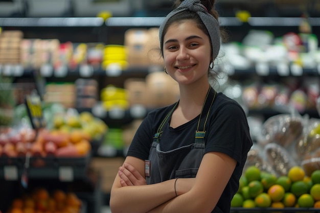 Przyjazny pracownik supermarketu uśmiechający się w pracy za pomocą sztucznej inteligencji