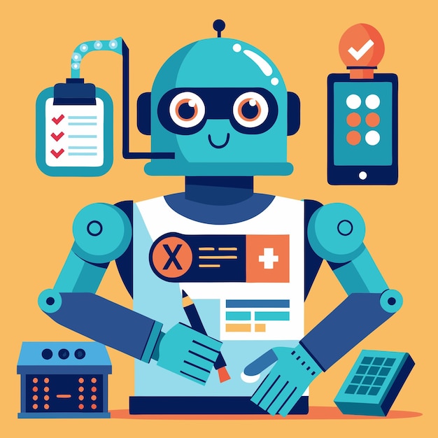 Przyjazny robot sztucznej inteligencji pilnie pracuje nad projektem analizy danych