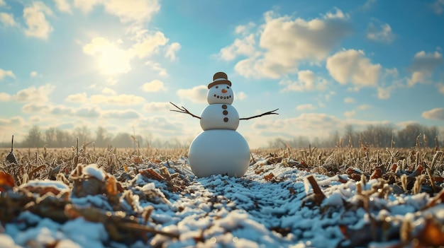Zdjęcie przyjazny śnieżak stoi dumnie na środku pokrytego śniegiem pola wesoła zimowa scena