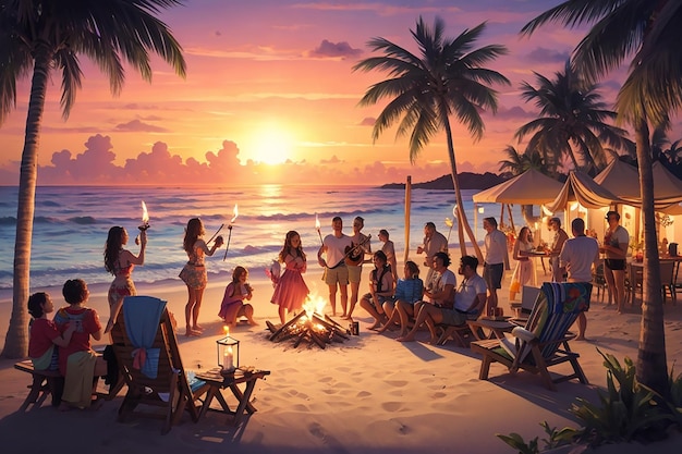 Przyjęcie urodzinowe na tropikalnej plaży z pochodniami tiki, ogniskiem i oszałamiającym zachodem słońca jako tło wieczoru świętowania