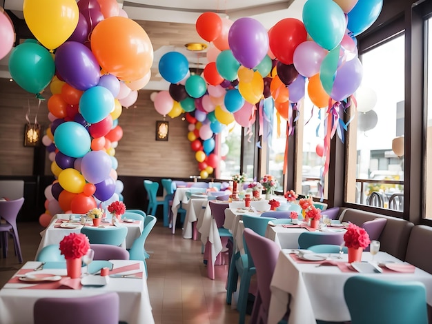 Przyjęcie urodzinowe w restauracji udekorowanej kolorowymi balonami. Restauracja udekorowana kolorowo