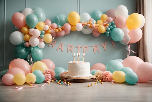 Przyjęcie urodzinowe z ilustracją ciasta i balonów