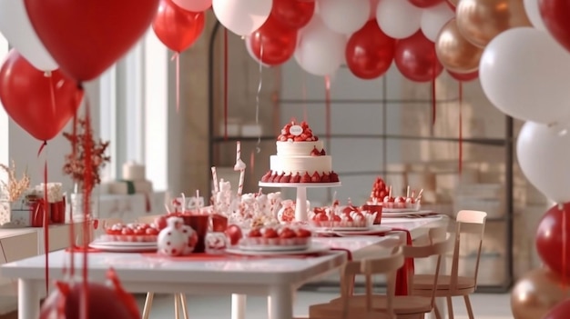 Przyjęcie urodzinowe z koncepcją motywu czerwonych i białych balonów