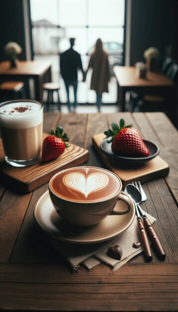 Zdjęcie przyjemna atmosfera kawiarni na walentynki kartka świeżo przygotowanego cappuccino z pianką w kształcie serca