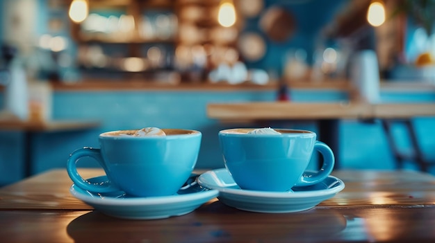 Zdjęcie przyjemna atmosfera kawiarni z dwoma niebieskimi kubkami.
