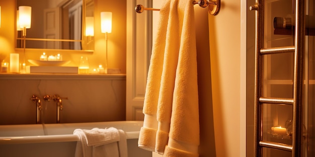 Przyjemna atmosfera w łazience, puszysty ręcznik wiszący na podgrzewanym stojaku na ręczniki, ciepłe złoto oświetlenie