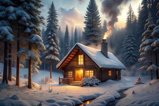 Przyjemna chatka położona w śnieżnym lesie z dymem wznoszącym się z komina i ciepłymi światłami świecącymi