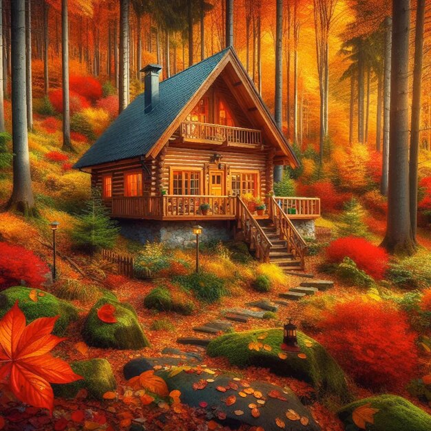 Przyjemna chatka w lesie otoczona kolorowymi jesiennymi liśćmi.