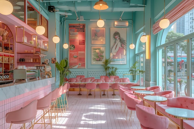 Zdjęcie przyjemna francuska kawiarnia z krzesłami bistro, marmurowymi stołami i wnętrzami, kreatywny dekor.