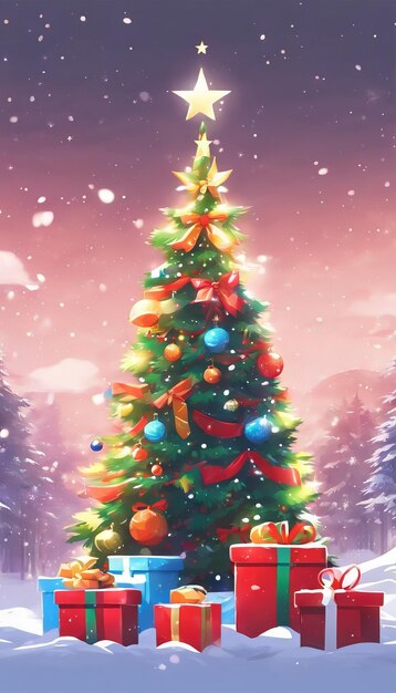 Zdjęcie przyjemna i relaksująca świąteczna tapeta z drzewkiem bożonarodzeniowym i ilustracją dekoracji pudełka podarunkowego