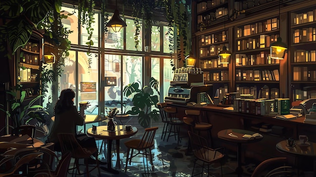 Przyjemna kawiarnia z vintage poczuciem Są rośliny i książki wszędzie i ciepłe oświetlenie tworzy relaksującą atmosferę