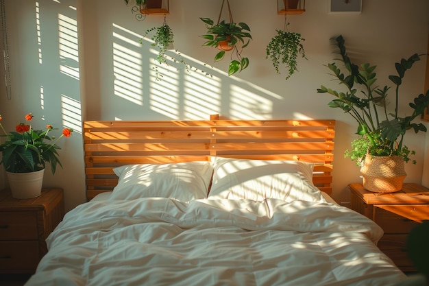 Przyjemna sypialnia z ciepłym światłem słonecznym przepływającym przez rolety Świeże rośliny i drewniane meble