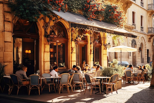 Przyjemna ulica europejskiego miasta ludzie siedzą na zewnątrz przy stołach w pobliżu kawiarni