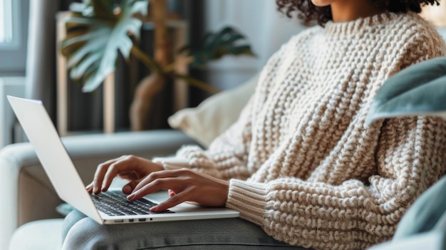 Przyjemna zdalna praca z kobietą używającą laptopa na kanapie