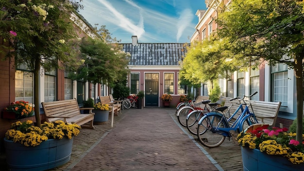 Przyjemne dziedzińce Amsterdamu ławki rowery kwiaty w wannie