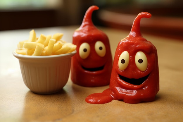 Przyjemne frytki i ketchup.