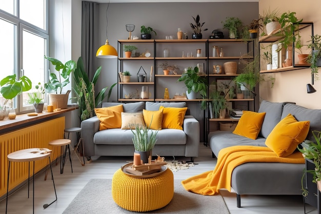 Zdjęcie przyjemne nowoczesne wnętrze salonu z żółtą kanapą i pokojem dekoracyjnym na żółtym lub białym tle ściany minimalna koncepcja wnętrza życia żółty generatywny ai