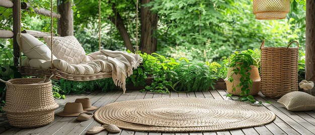 Przyjemne odpoczynek na świeżym powietrzu Beige String Swing i Wicker koszyki na drewnianym patio