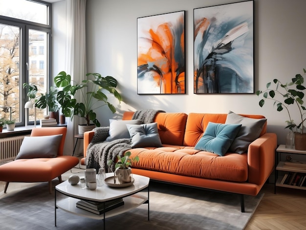 Przyjemne, spokojne mieszkanie studyjne z pomarańczową kanapą, nowoczesny salon.