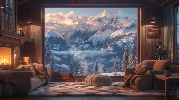 Przyjemne wnętrze chaty ciepłe drewniane tekstury pluszowe meble kominek pękające pokryte śniegiem góry widoczne przez duże panoramiczne okna AI Generative