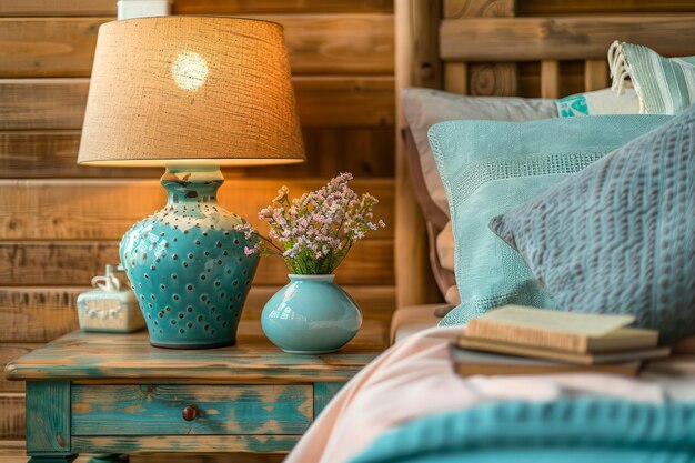 Zdjęcie przyjemne wnętrze sypialni z turkusowymi akcentami drewniane meble dekoracyjne lampa i książki nocne